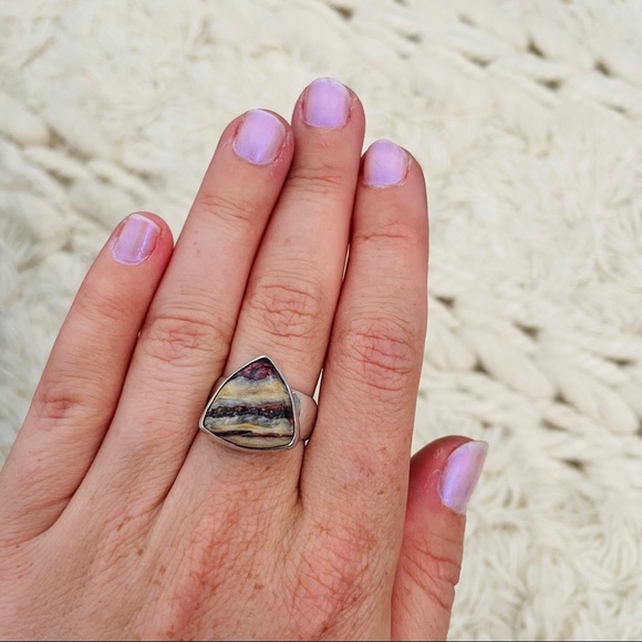 🌈 Triangular Alaskan RAINBOW JASPER Ring, Set in Sterling Silver - Picture 9 of 16
